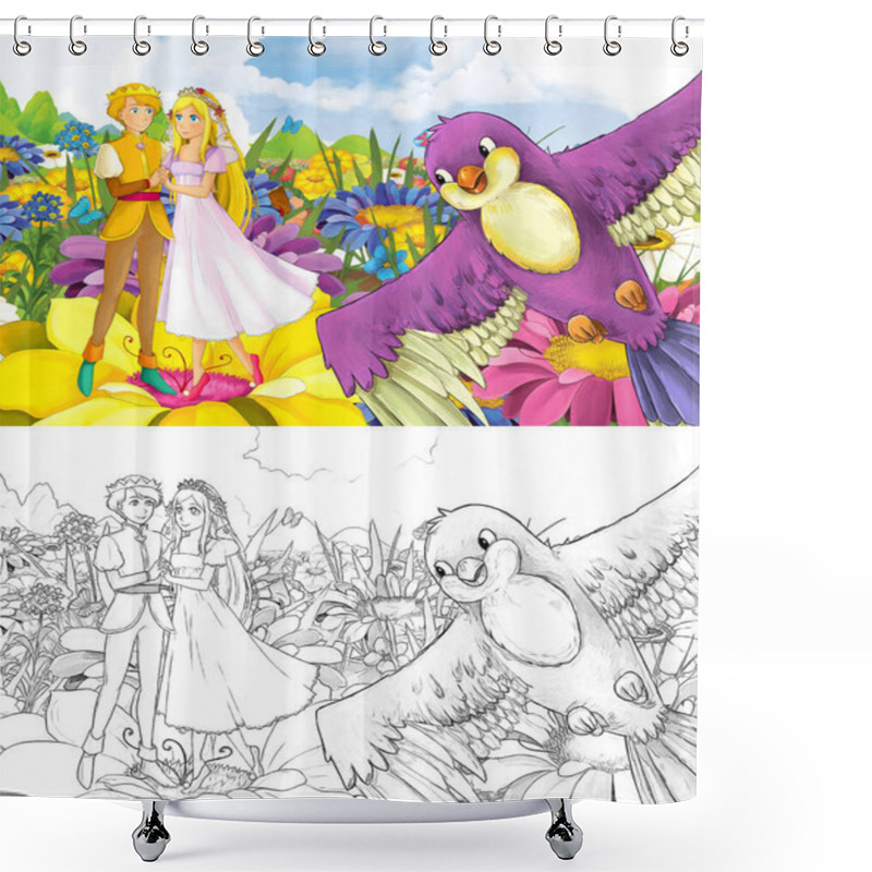 Personality  Cartoon Girl Princess And Prince With A Wild Bird Sketch Shower Curtains