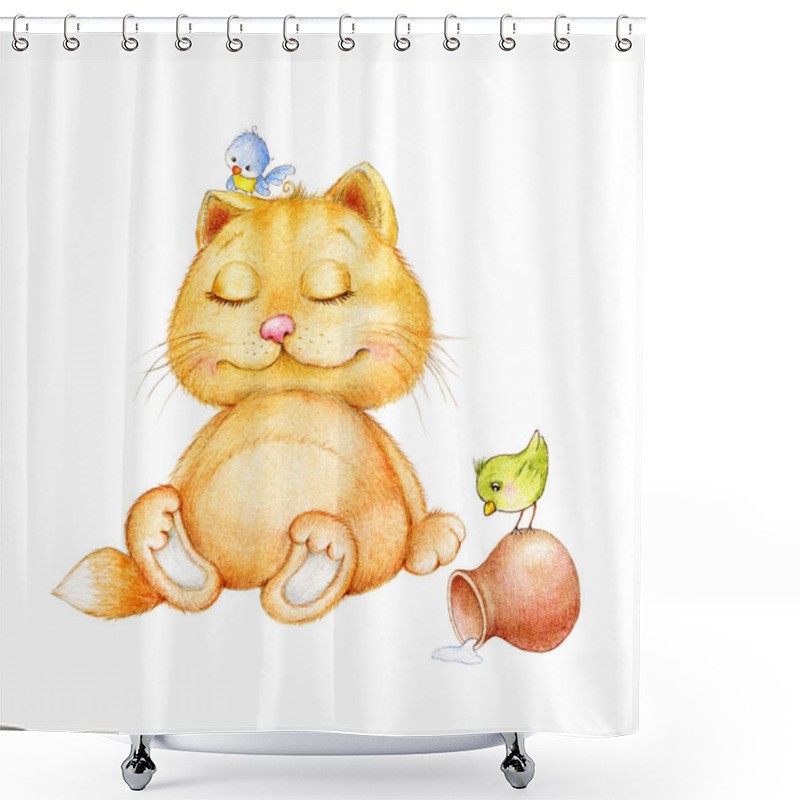 Personality  Cute Cat Full Of Milk With Birds Shower Curtains