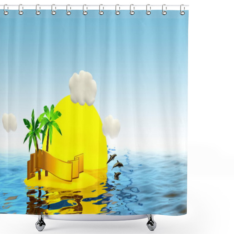 Personality  Tropical Island With Palm And Golden Ribbon Shower Curtains