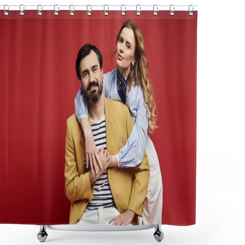 Personality  A Middle Aged Couple Embraces, Showcasing Their Stylish Outfits And Joyful Smiles. Shower Curtains