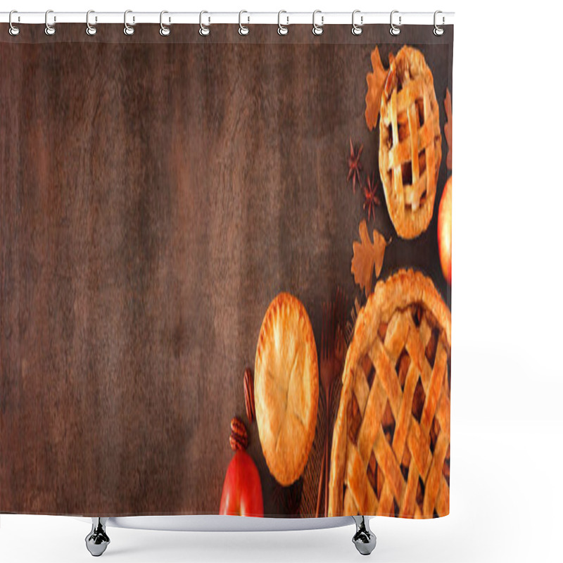 Personality  Homemade Autumn Apple Pie Corner Border Banner. Top View Over A Brown Stone Background With Copy Space. Shower Curtains