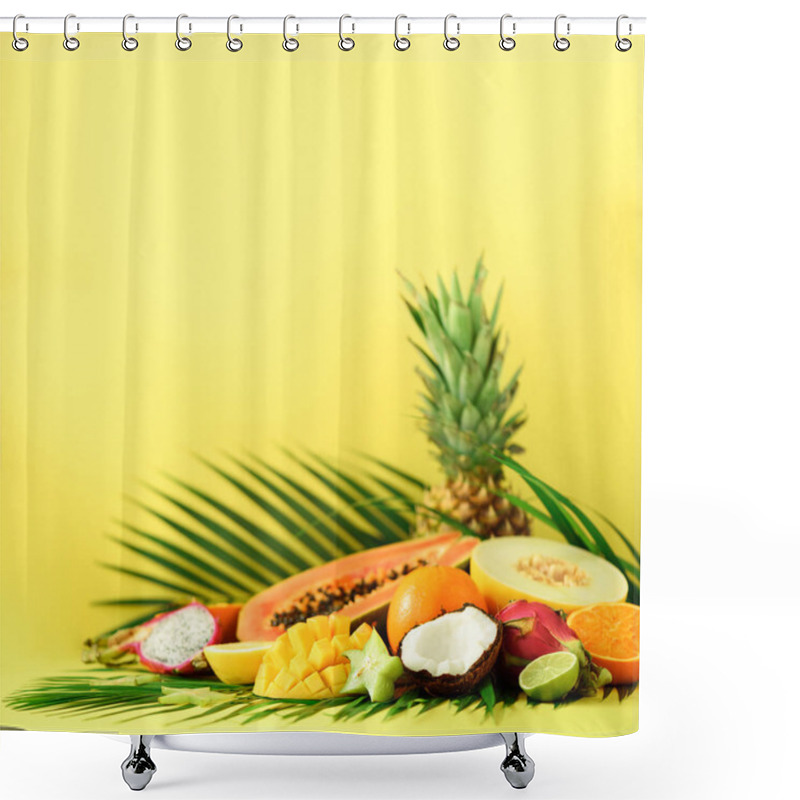 Personality  Assortment Of Exotic Fruits On Yellow Background. Detox, Vegan Food, Summer Concept. Papaya, Mango, Pineapple, Carambola, Dragon Fruit, Kiwi, Orange, Melon, Coconut, Lime Over Palm Leaves. Shower Curtains