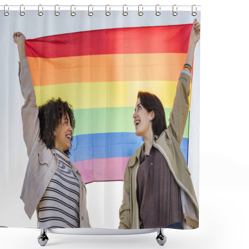 Personality  Couple Of Smiling Women Raising The Rainbow Flag Shower Curtains