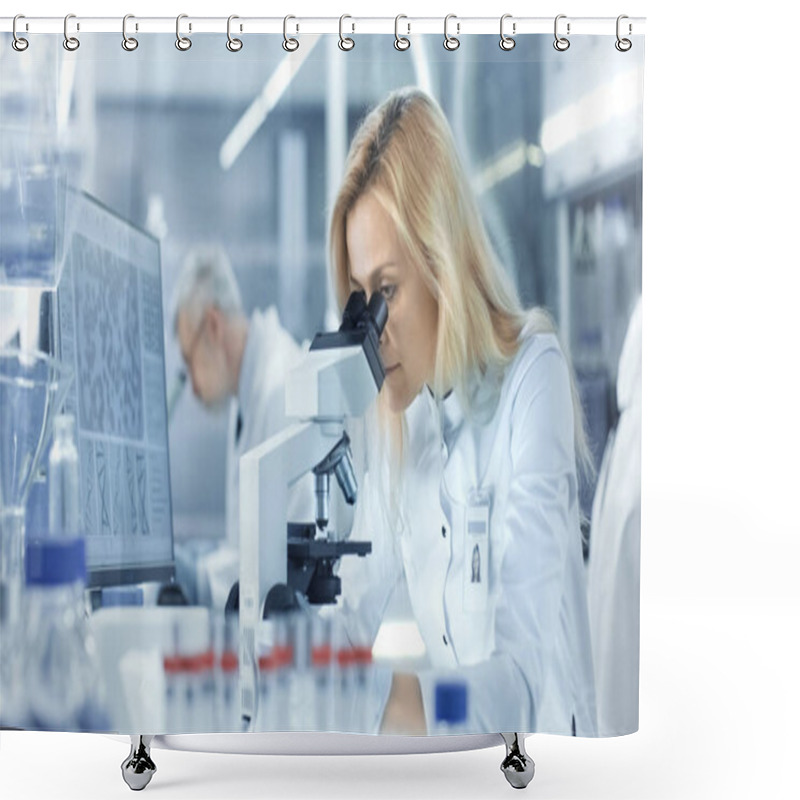 Personality  Female Research Scientist Looks At Biological Samples Under Micr Shower Curtains