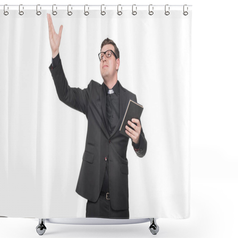 Personality  Priest Holding Scripture Book With Gesture Shower Curtains