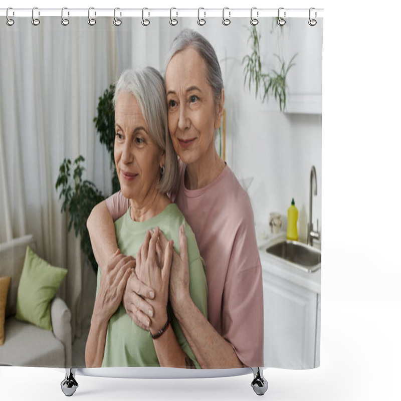 Personality  A Mature Lesbian Couple Embraces In Their Modern Apartment, Showcasing Love And Domesticity. Shower Curtains