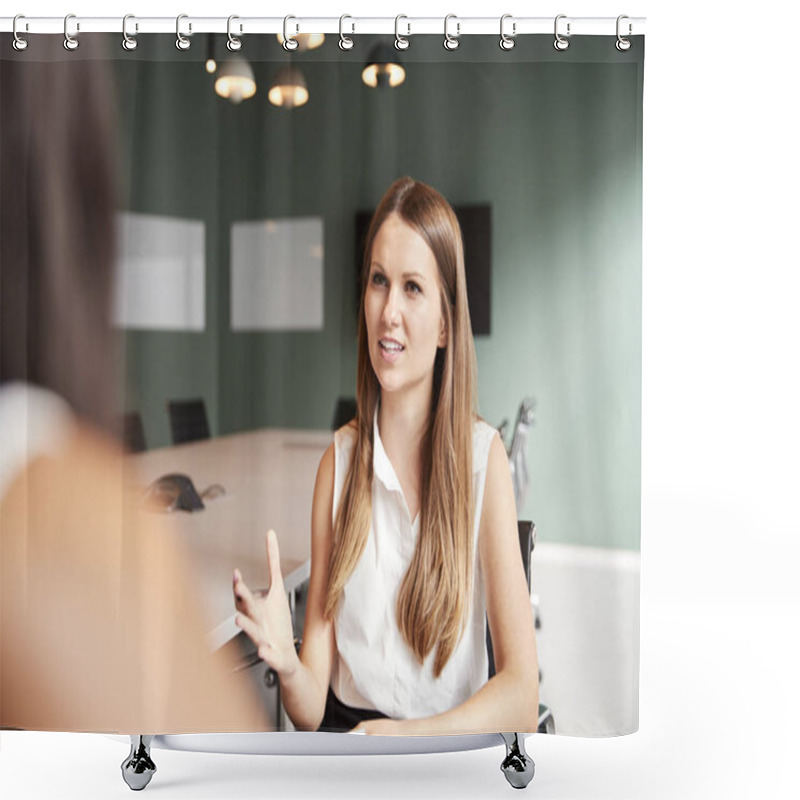 Personality  Businesswoman Interviewing Female Candidate At Graduate Recruitment Assessment Day In Office Shower Curtains