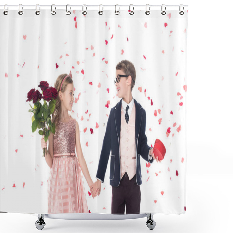 Personality  Adorable Happy Kids With Roses And Heart Shaped Gift Box Holding Hands And Smiling Each Other On White   Shower Curtains