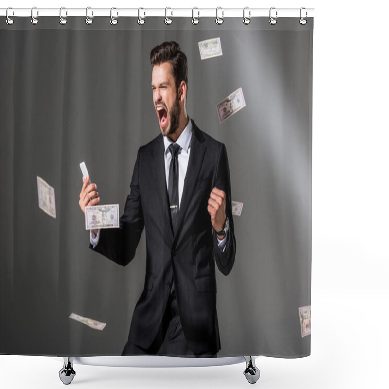 Personality  Excited Businessman With Smartphone Near Falling Dollar Banknoteson On Grey Shower Curtains