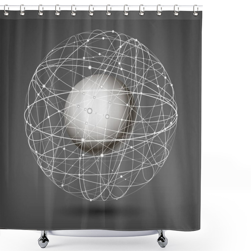 Personality  Vector Illustration On The Theme Of Physics; Atomic Nucleus; Energy. White Ball Inside The Structure Of Curve Intersecting Lines In The Form Of Spheres On A Dark Background. Shower Curtains