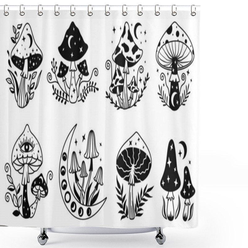 Personality  Celestial Mushroom. Hand Drawn Mystical Magic Mushrooms With Moon And Stars, Sakral Psychedelic Trip Vector Illustration Set Of Hand Drawn Mushroom, Esoteric And Spiritual Shower Curtains