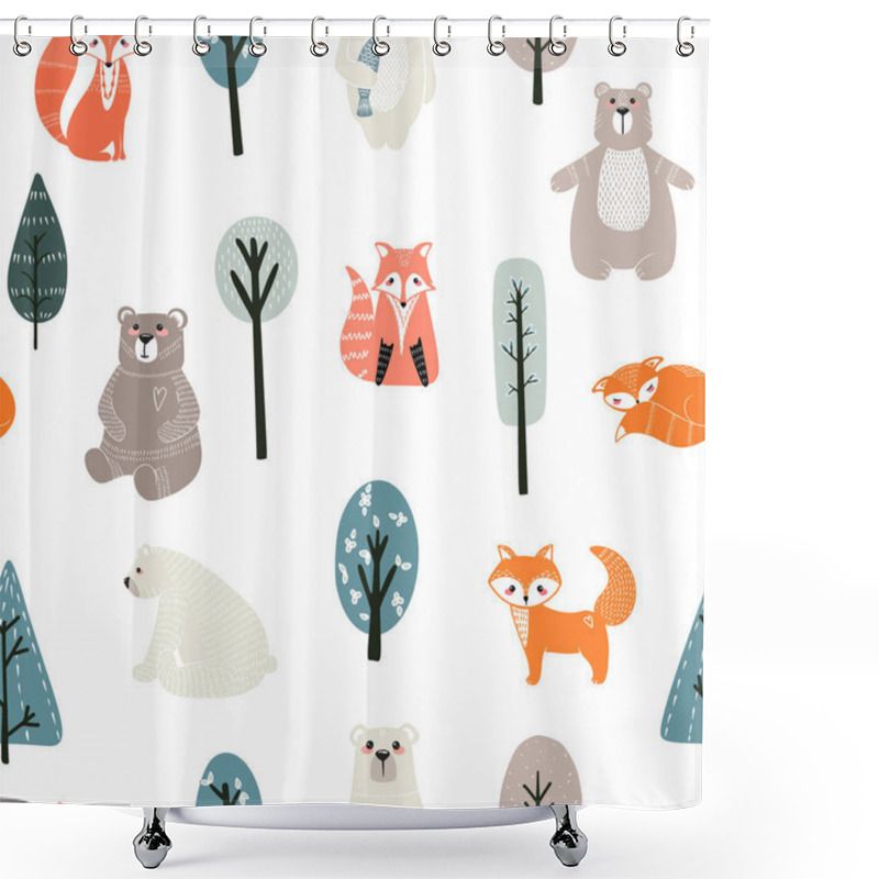 Personality  Seamless Pattern With Cute Bears, Foxs And Different Elements. Vector Illustration In Scandinavian Style Shower Curtains