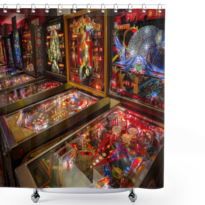 Personality  Budapest, Hungary - March 25, 2018: Pinball Museum. Pinball Table Close Up View Of Vintage Machine Shower Curtains