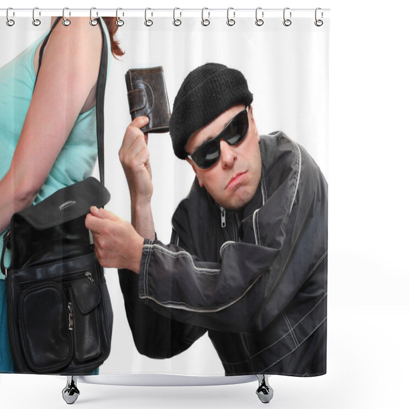 Personality  Thief Stealing From Handbag Of A Woman. Insurance Concept. Shower Curtains