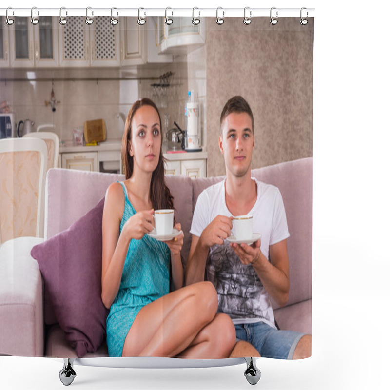 Personality  Young Couple With Coffee Cups Watching TV Together Shower Curtains