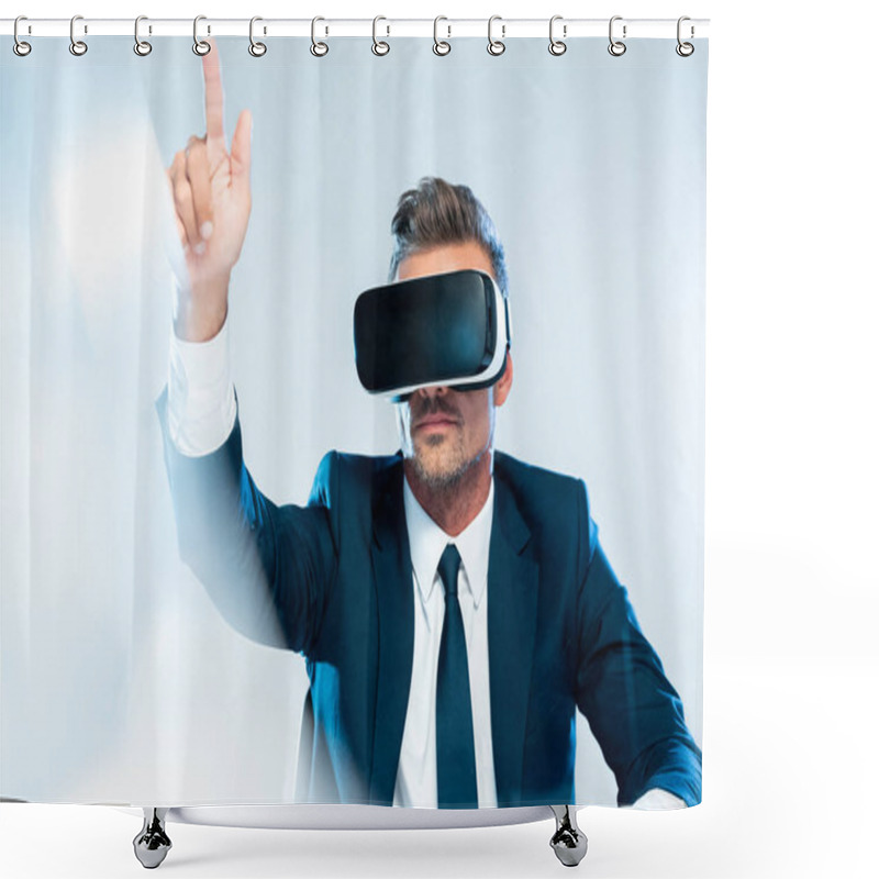 Personality  Businessman In Virtual Reality Headset Touching Something Isolated On White, Artificial Intelligence Concept Shower Curtains