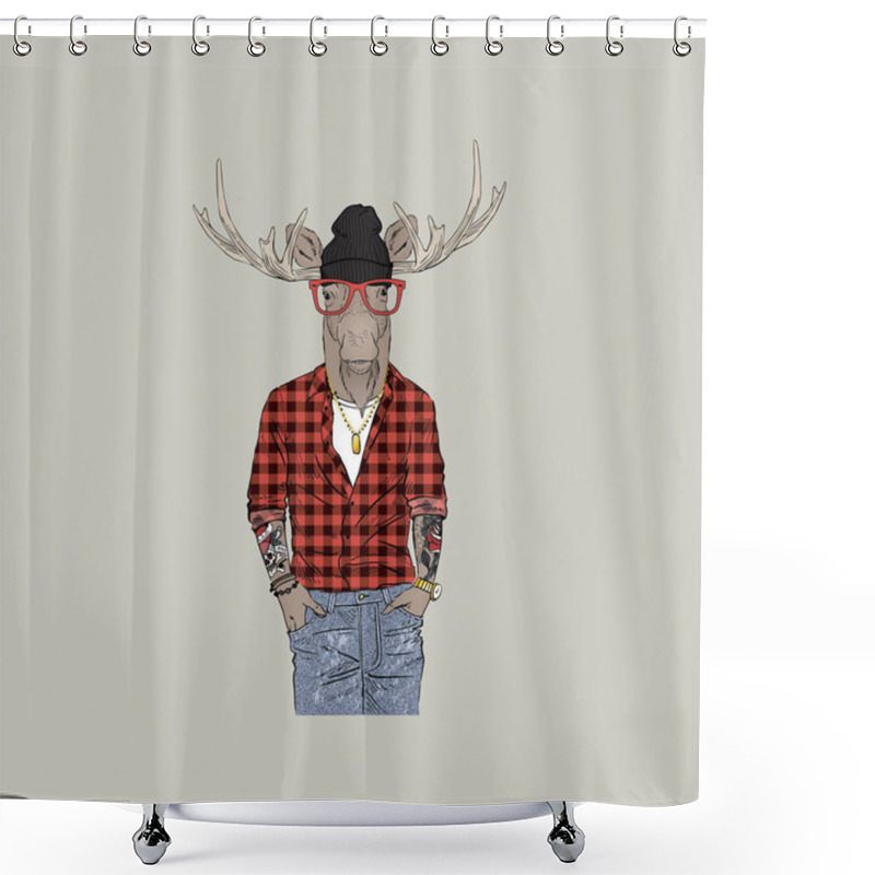 Personality  Moose Hipster, Furry Art Illustration Shower Curtains