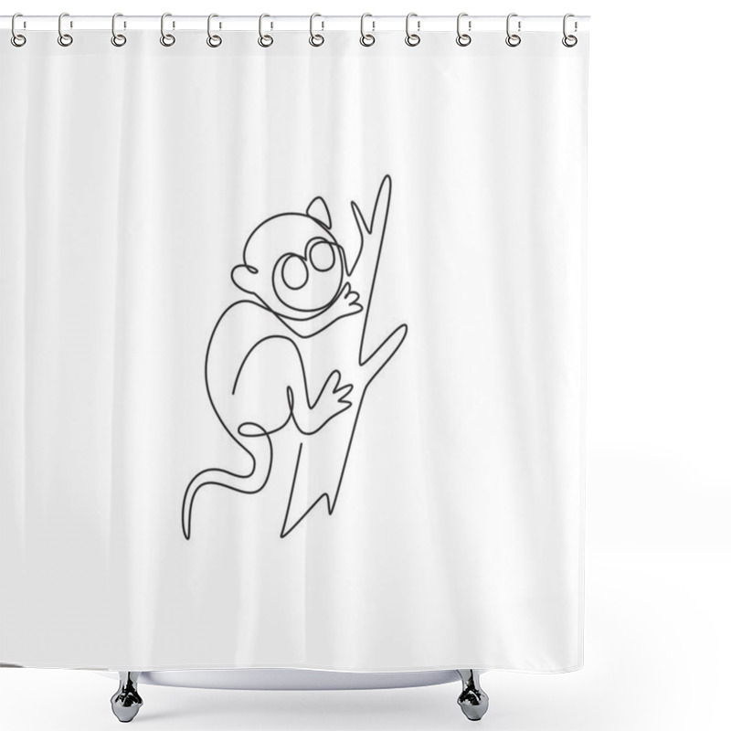 Personality  Single Continuous Line Drawing Of Adorable Tarsier For Company Logo Identity. Tiny Monkey Animal Mascot Concept For National Conservation Park Icon. Modern One Line Draw Design Vector Illustration Shower Curtains