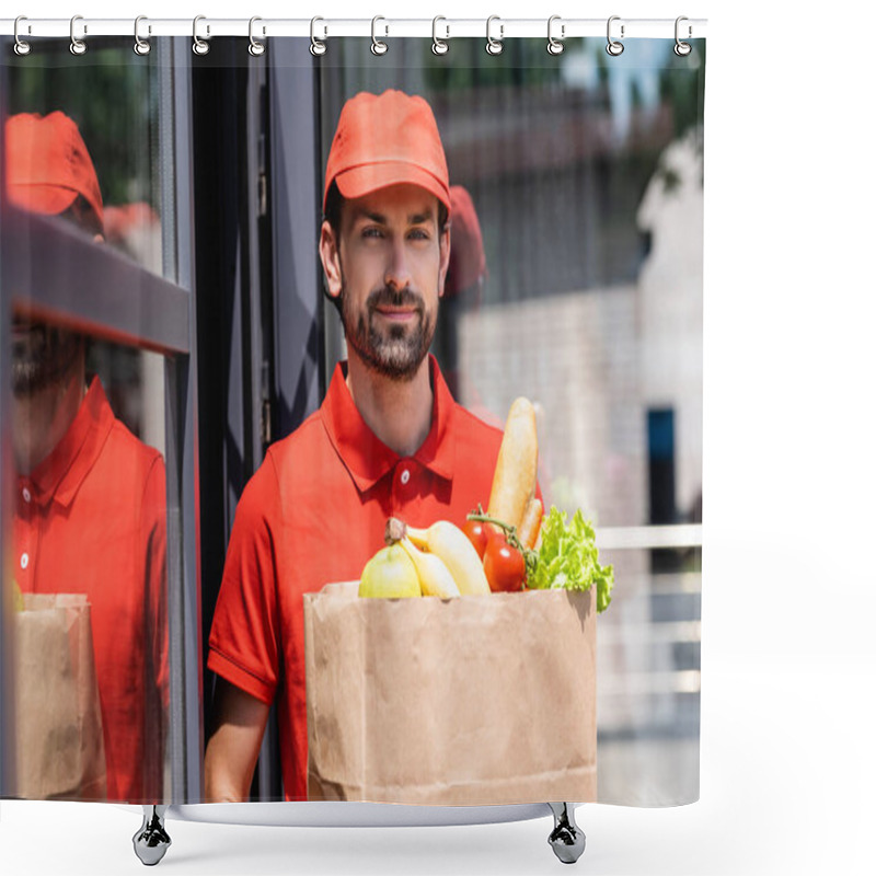 Personality  Handsome Delivery Man Holding Shopping Bag With Grocery On Urban Street  Shower Curtains