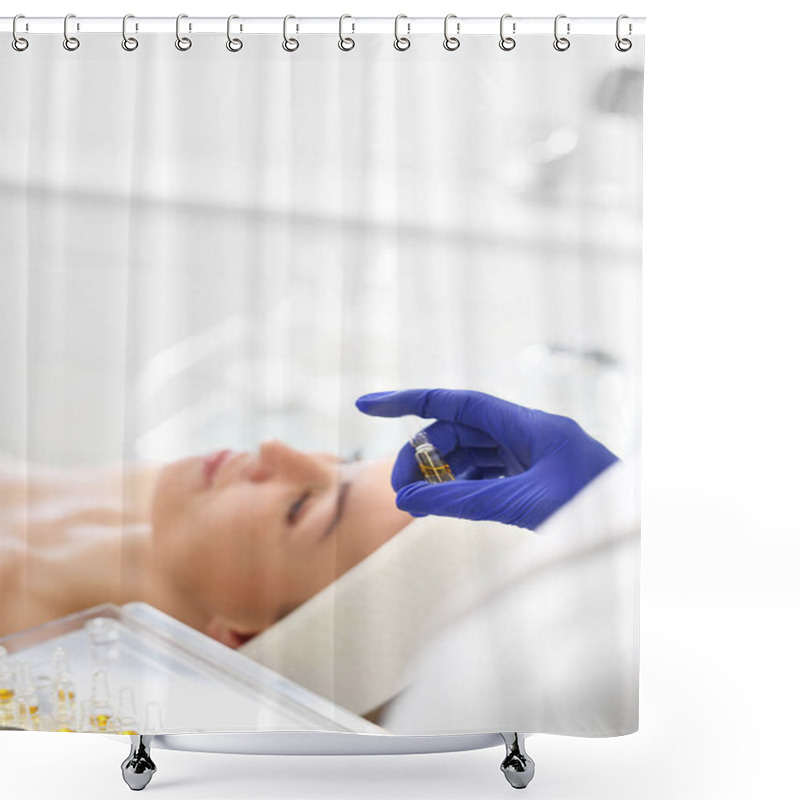 Personality  Chemical Peeling, Exfoliating Treatment. Beautician Imposes On The Woman's Face A Cosmetic Preparation. Shower Curtains