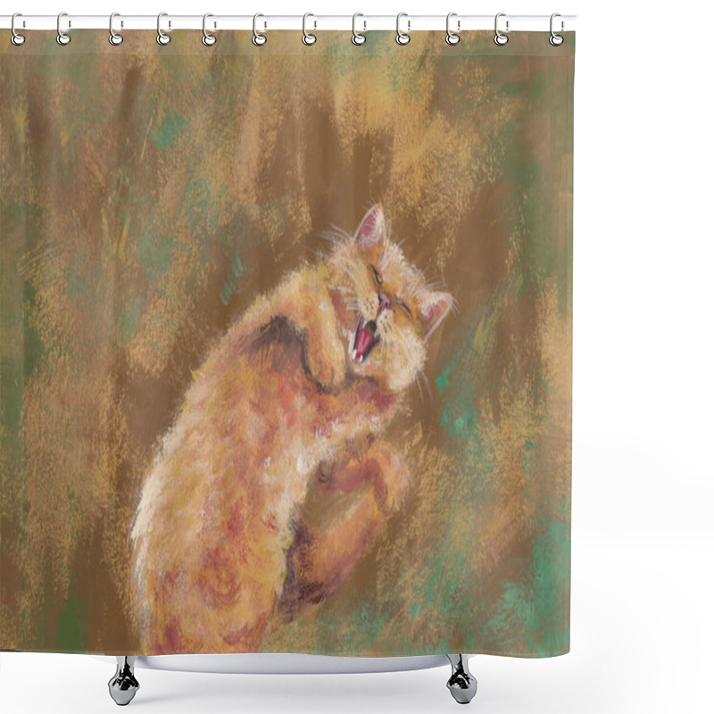 Personality  Acrylics Sketch Painting Of Orange Fluffy Domestic Cat Lying In Grass. Artwork On Paper. Cute Yawning Kitty Landscape Background. Decoration For Pet Shop, Fabric Print, Wallpaper. Feline Portrait. Shower Curtains