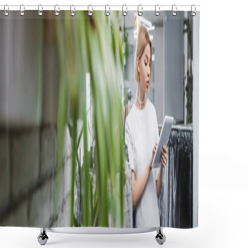 Personality  Young Saleswoman Using Digital Tablet Near Blurred Clothes In Second Hand, Banner  Shower Curtains