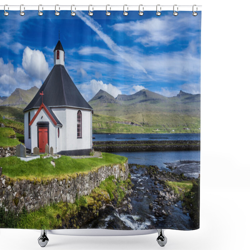 Personality  Small Village Church With Cemetery In Faroe Islands, Denmark Shower Curtains