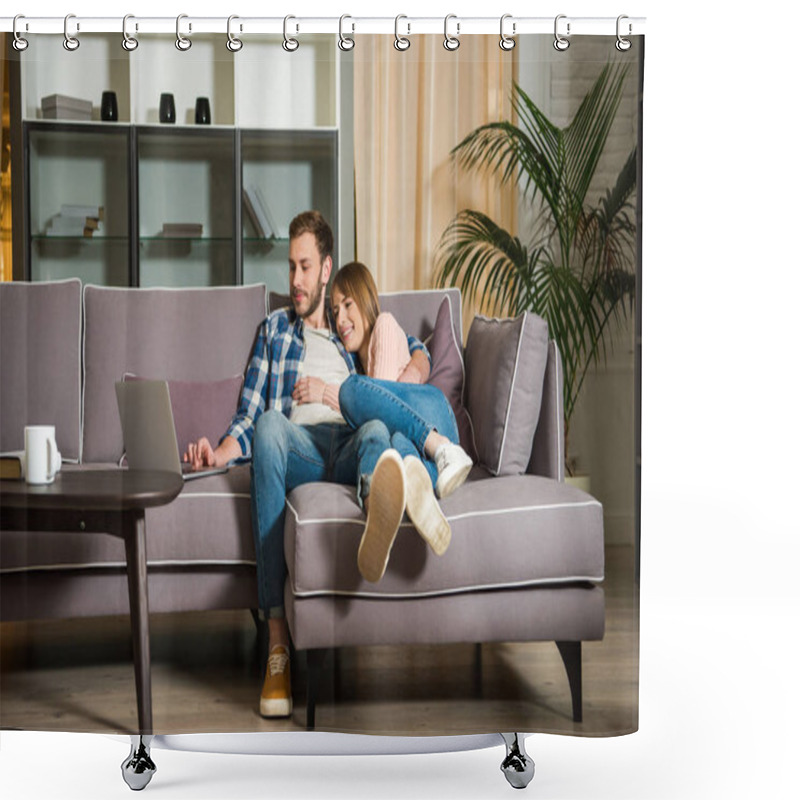 Personality  Woman Hugging Boyfriend While He Using Laptop In Living Room With Modern Design Shower Curtains