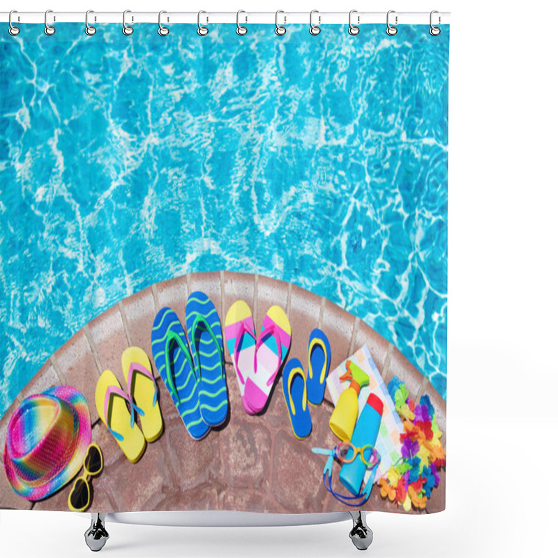 Personality  Swimming Pool Accessories Flat Lay. Top View Of Beach Items On Pool Deck. Flip Flops, Bikini And Hat, Sun Glasses. Water Toys. Summer Vacation In Tropical Resort. Copy Space. Colorful Beach Wear. Shower Curtains