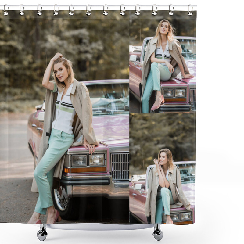 Personality  Collage Of Young Woman In Coat Standing Near Cabriolet Car On Road  Shower Curtains