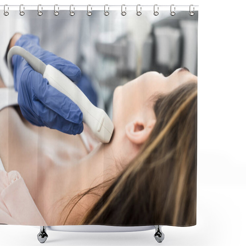 Personality  Doctor Examining Thyroid Of Female Patient With Ultrasound Scan In Clinic Shower Curtains