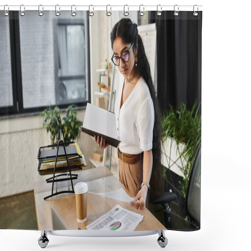 Personality  Young Indian Woman With Glasses Working At Desk With Papers. Shower Curtains