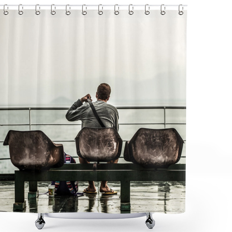 Personality  Man Sitting At Pier And Looking At The Sea Shower Curtains