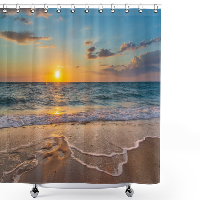 Personality  Sea Sunset With A Sun Disc In The Sky With Clouds And White Foam Waves On The Sand In The Foreground. Shower Curtains