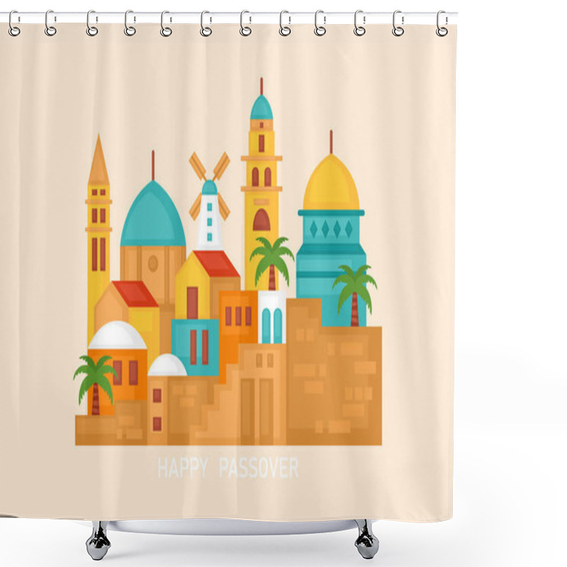 Personality  Happy Passover Greeting Card Design With Jerusalem City Skyline. Vector Illustration Shower Curtains