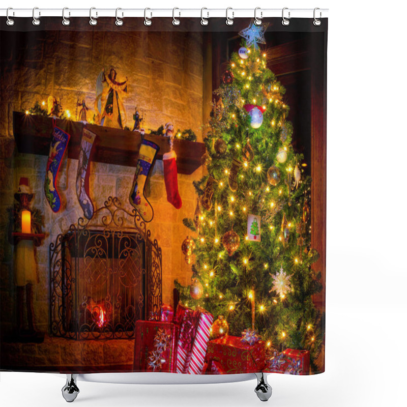 Personality  Cozy Christmas Scene Featuring A Fireplace, Gifts, And A Decorated Tree Shower Curtains