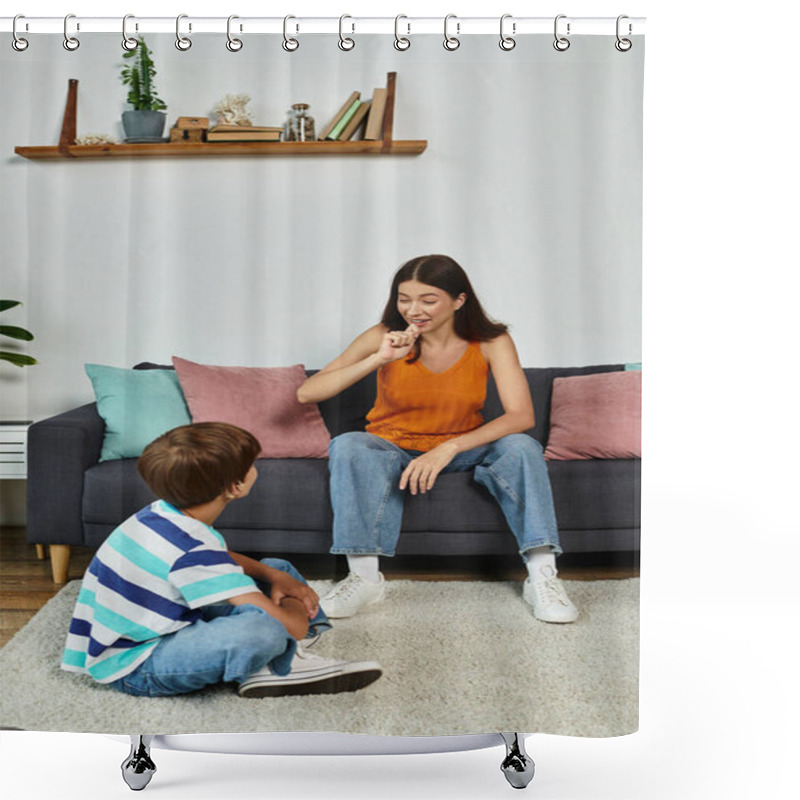 Personality  A Mother Communicates With Her Hearing Impaired Son, Fostering A Loving Connection At Home. Shower Curtains