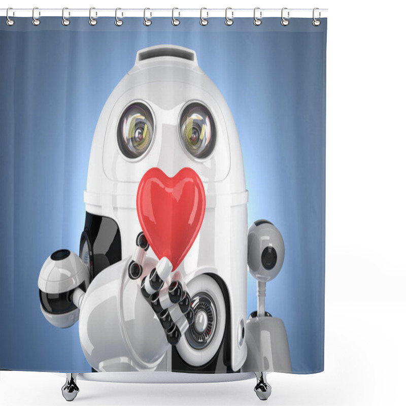 Personality  Robot With Heart In Hand. Technology Concept. Contains Clipping Path. Shower Curtains