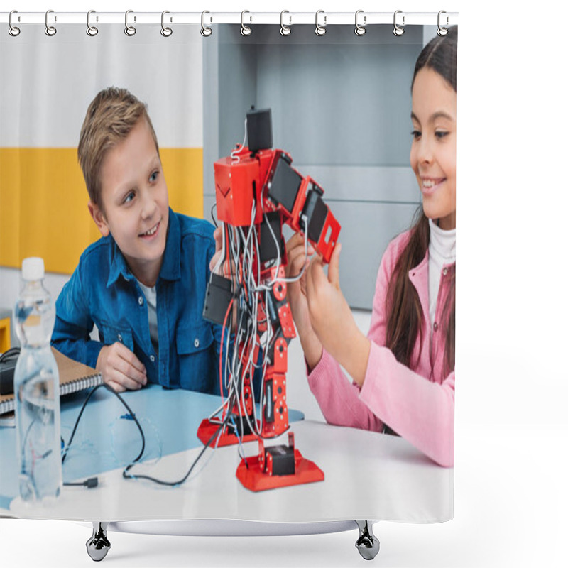 Personality  Adorable Schoolgirl And Smiling Schoolboy Sitting At Desk And Working Together On Robot Model At STEM Class Shower Curtains