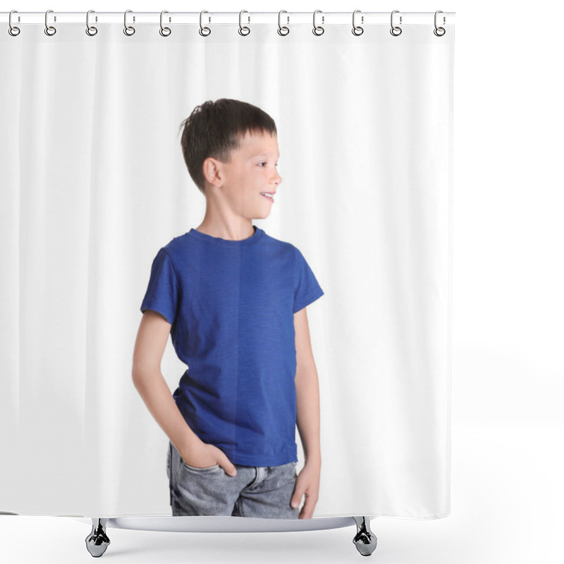 Personality  Little Boy In T-shirt On White Background. Mock-up For Design Shower Curtains