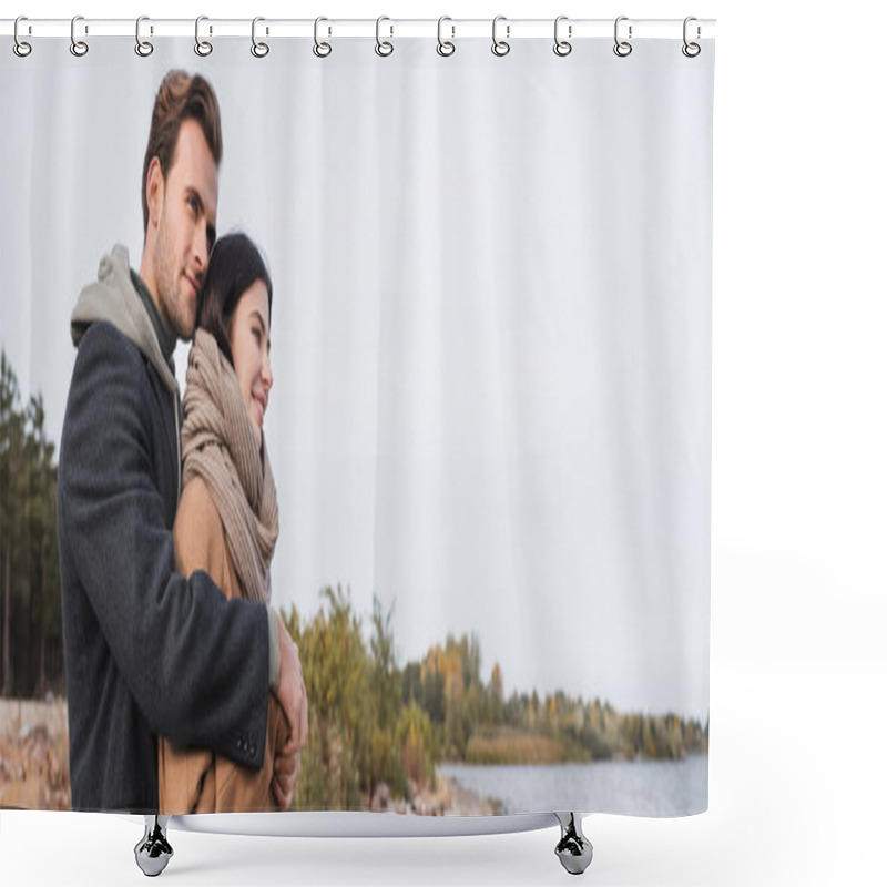 Personality  Young Couple In Autumn Outfit Embracing While Walking Near Lake, Banner Shower Curtains