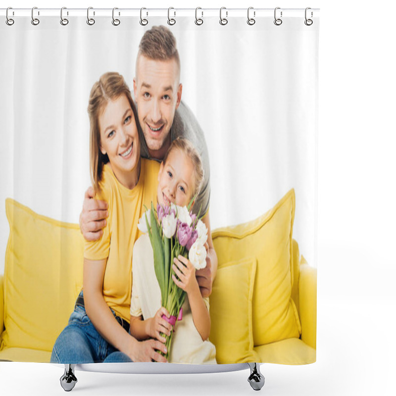 Personality  Portrait Of Man Hugging Wife And Little Daughter With Bouquet Of Tulips On Yellow Sofa Isolated On White Shower Curtains