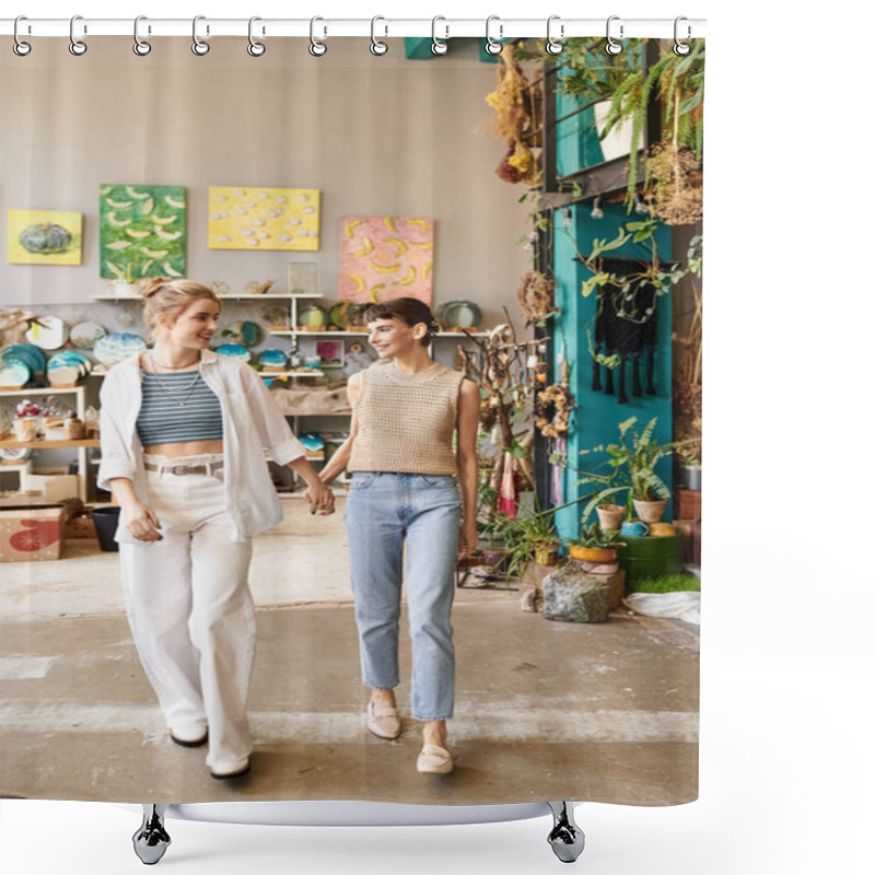 Personality  Two Women Gracefully Walk In A Room Surrounded By Lush Plants. Shower Curtains