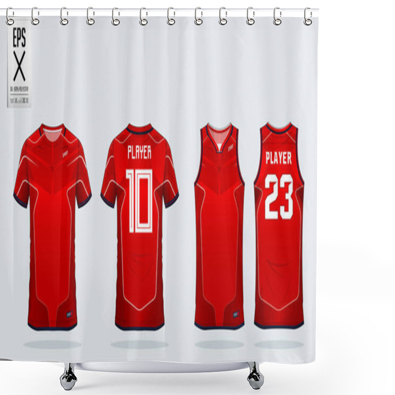 Personality  Red And White Stripe T-shirt Sport Design Template For Soccer Jersey, Football Kit And Tank Top For Basketball Jersey. Sport Uniform In Front And Back View. T Shirt Mock Up For Sport Club. Vector Illustration. Shower Curtains