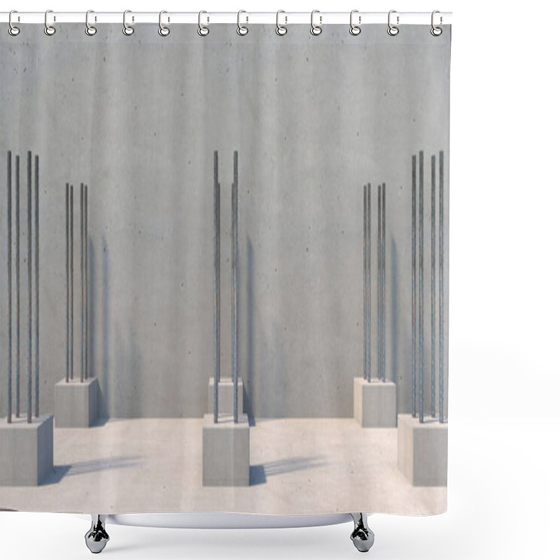 Personality  Reinforced Concrete Coluns Under Construction. Steel Bars Reinforcement, Foundation Slab And Footings, Unfinished Building Project. 3d Illustration Shower Curtains