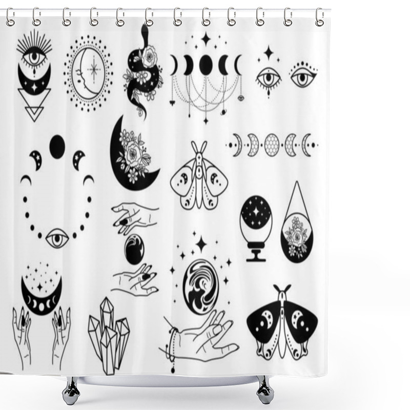 Personality  Celestial Black Magic Symbols Sun, Moon, Crystals, Evil Eye, Witch Hands And Moth. Set Of Esoteric Symbols, Alchemy And Witchcraft Vector Art Shower Curtains