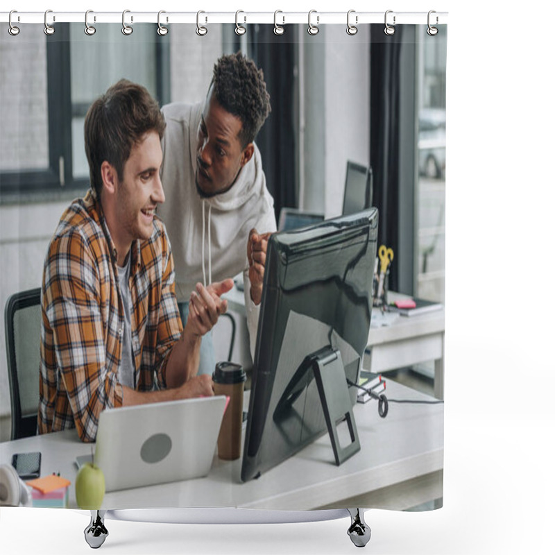 Personality  Two Smiling Multicultural Programmers Pointing At Computer Monitor While Working In Office Together Shower Curtains