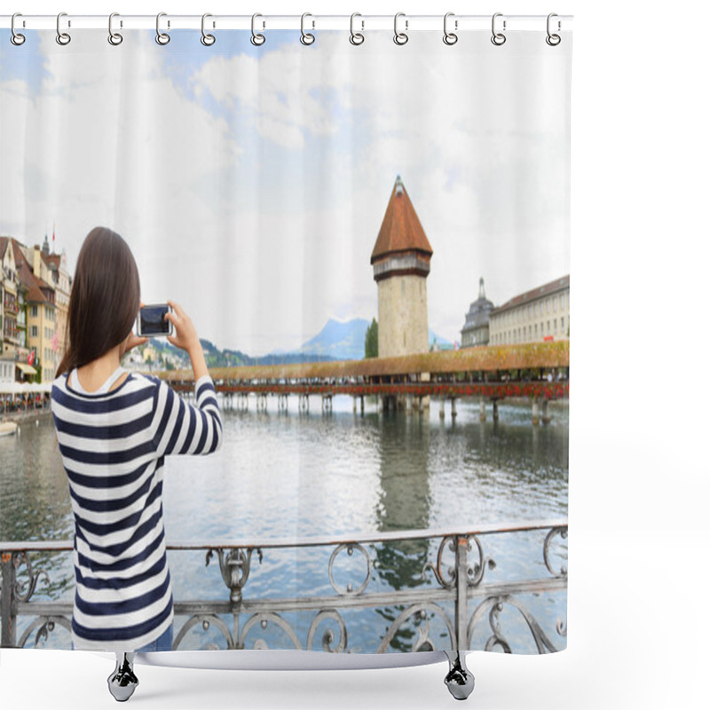 Personality  Tourist Taking Photograph In Lucerne Shower Curtains