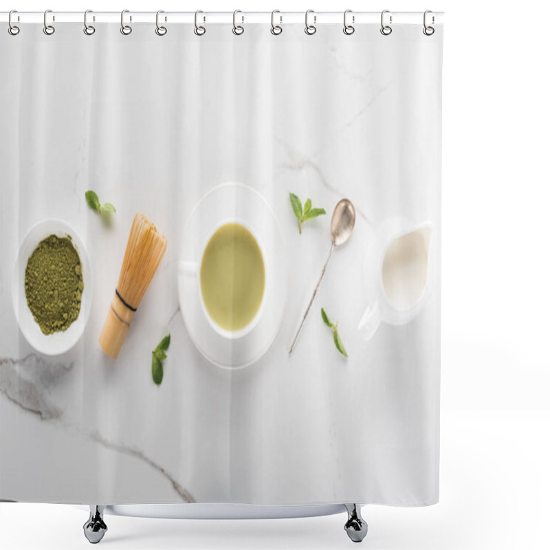 Personality  Flat Lay With Green Matcha Tea On White Table Shower Curtains