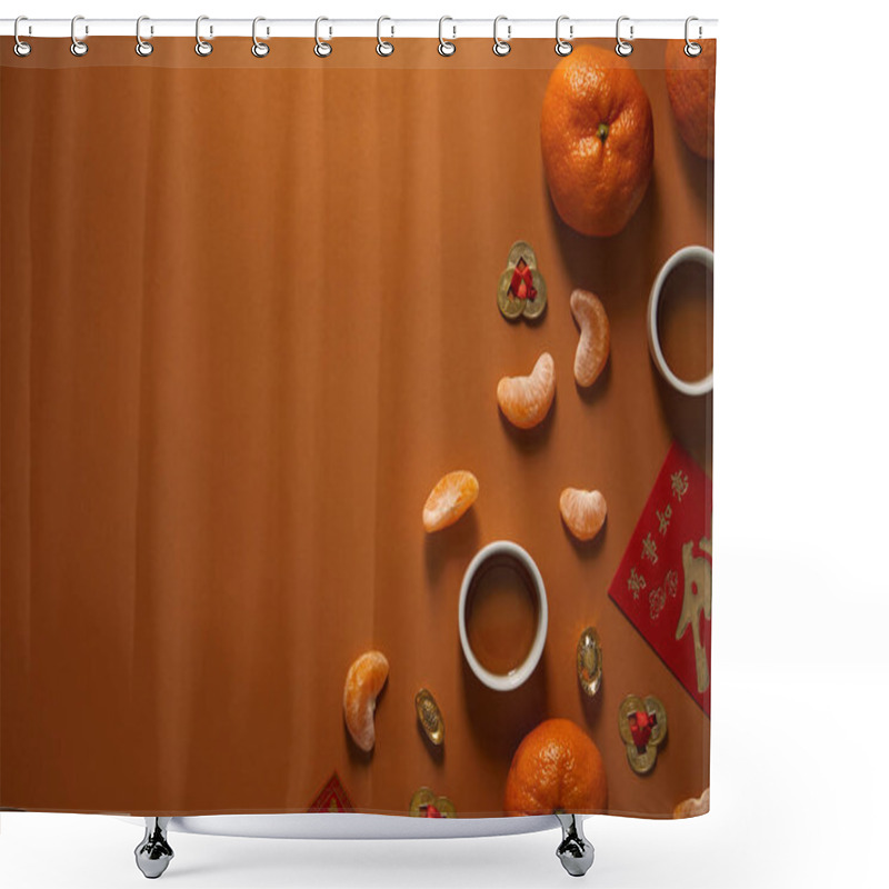 Personality  Top View Of Fresh Ripe Tangerines, Cups Of Tea And Traditional Chinese Decorations On Brown Background Shower Curtains